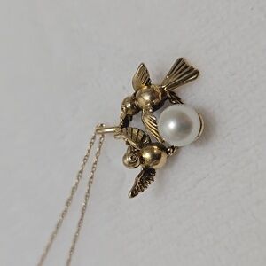 14k Solid Gold Love Bird Pendant Necklace with Natural Pearl Accent
